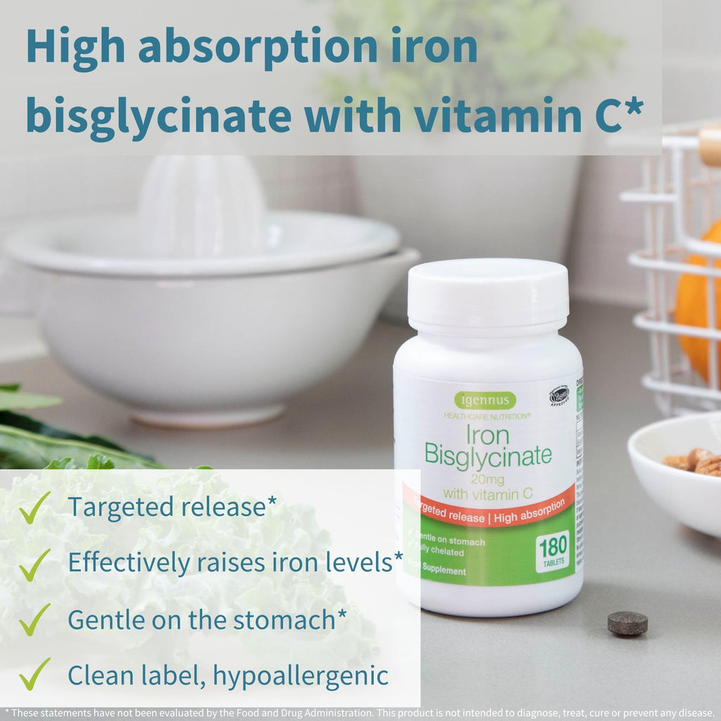 Igennus Clean Iron Bisglycinate 20mg, Vitamin C, 6 Month Supply, Gentle Chelated High Absorption Formula & Targeted Release Ferrous Bisglycinate