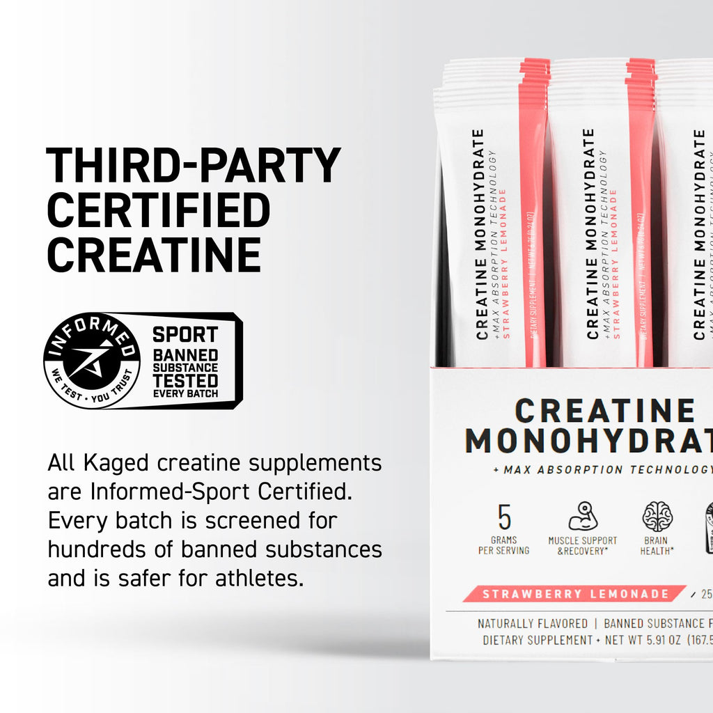 Kaged Creatine Monohydrate + Max Absorption Technology | Micronized Powder Stick Packs | Strawberry Lemonade | Muscle Building & Recovery | Brain Health