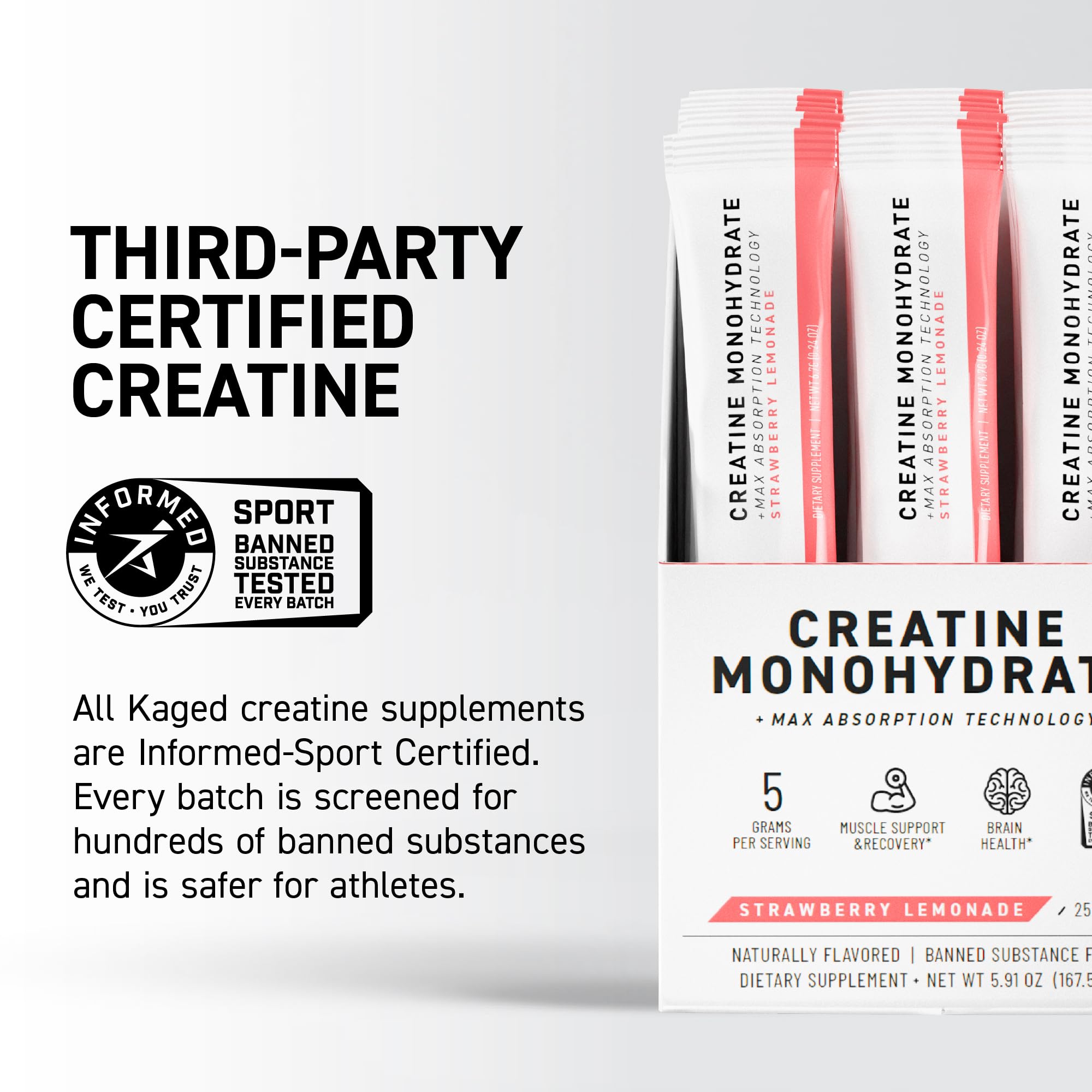 Kaged Creatine Monohydrate + Max Absorption Technology | Micronized Powder Stick Packs | Strawberry Lemonade | Muscle Building & Recovery | Brain Health