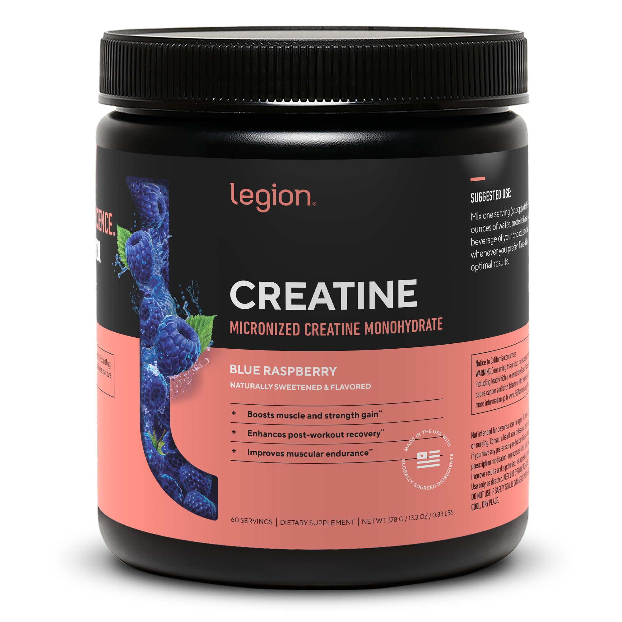 LEGION Micronized Creatine Monohydrate Supplement - Clean Creatine Powder for Muscle Gain & Post Workout Recovery - Micronized Creatine Supplement for Maximum