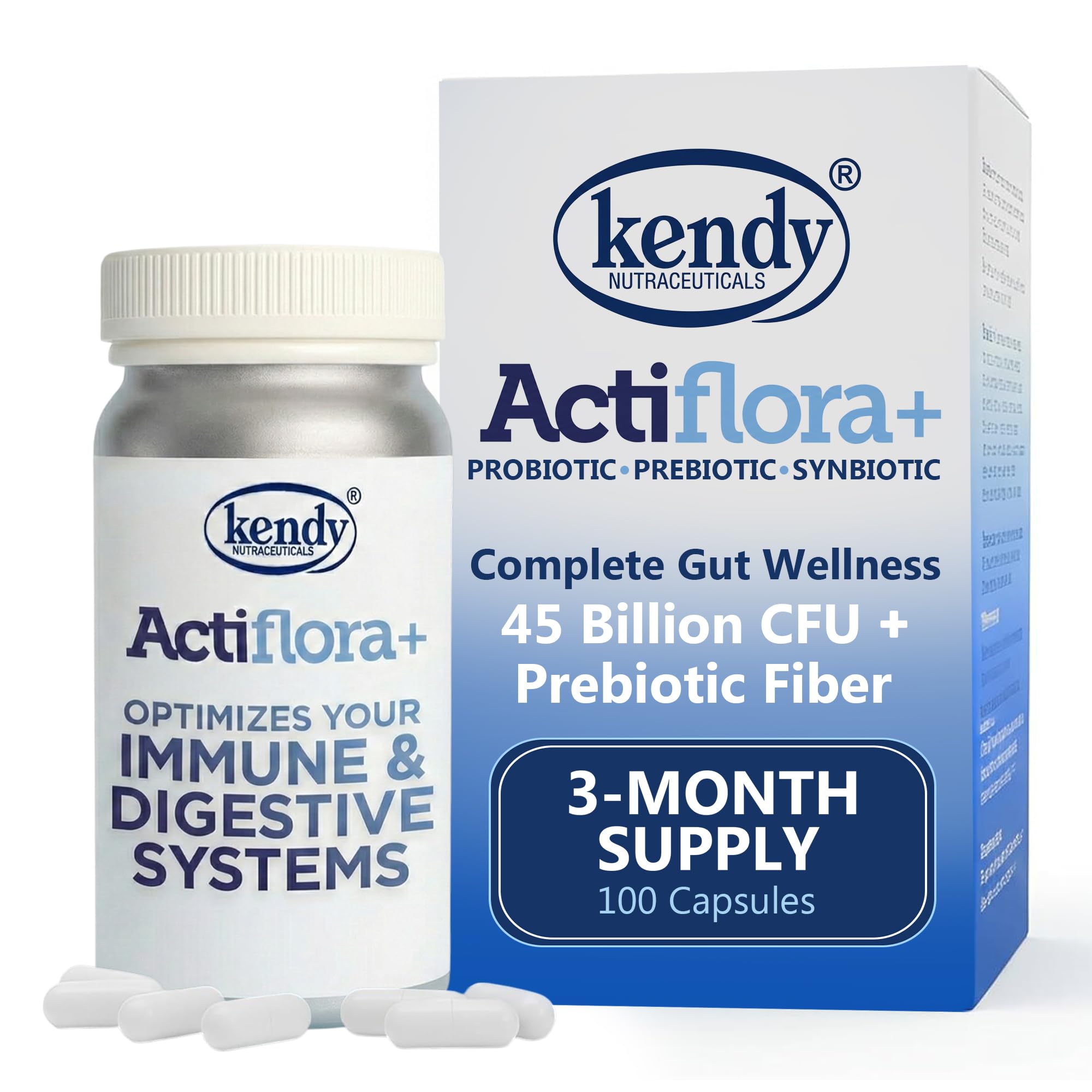 Kendy Actiflora Probiotic + Prebiotic & Synbiotic Capsules – Advanced Formula w/L. bulgaricus for Digestive Health & Gut Balance – 45-Billion CFU Daily Supplement
