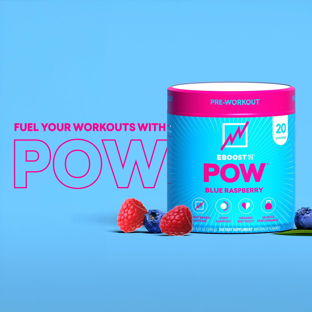 EBOOST POW Natural Pre Workout Powder – 20 Servings - Blue Raspberry - A PreWorkout Supplement for Performance, Joint Mobility Support, Energy - Men and Women