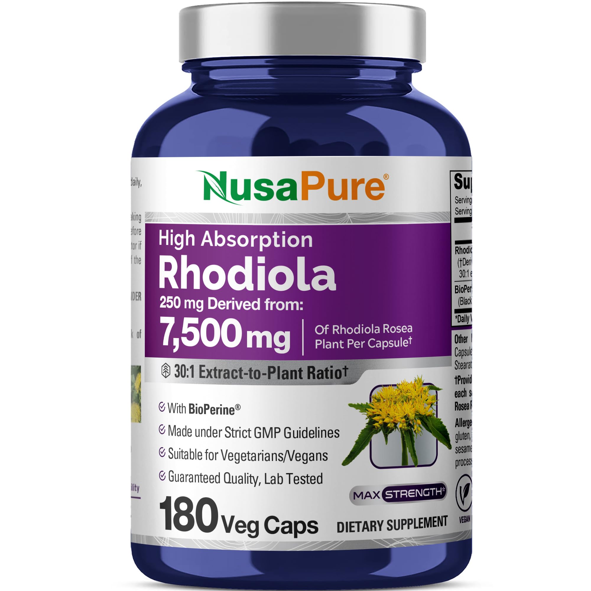 NusaPure Rhodiola Rosea 7,500mg 180 Veggie Capsules (Non-GMO, Extract 30:1, Vegan & Gluten-Free) Bioperine NusaPure Au supplements