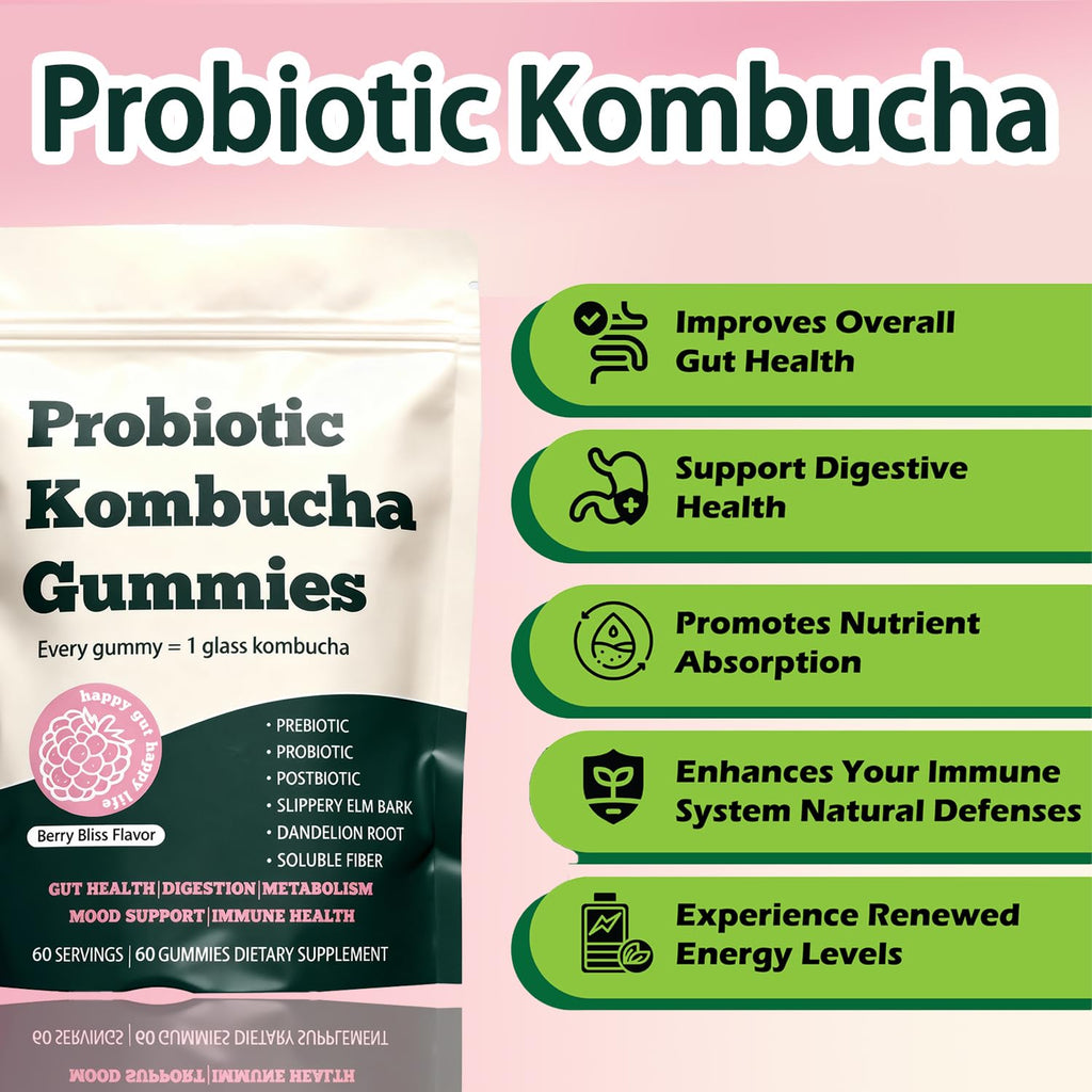 Glo Vous Probiotic Kombucha Gummies – 60 Gummies, with Prebiotics, Postbiotics & Fiber,Includes Slippery Elm, Dandelion Root & MCT Oil,Supports Digestive Health, Bloating Relief & Gut Support Glo Vous Au supplements
