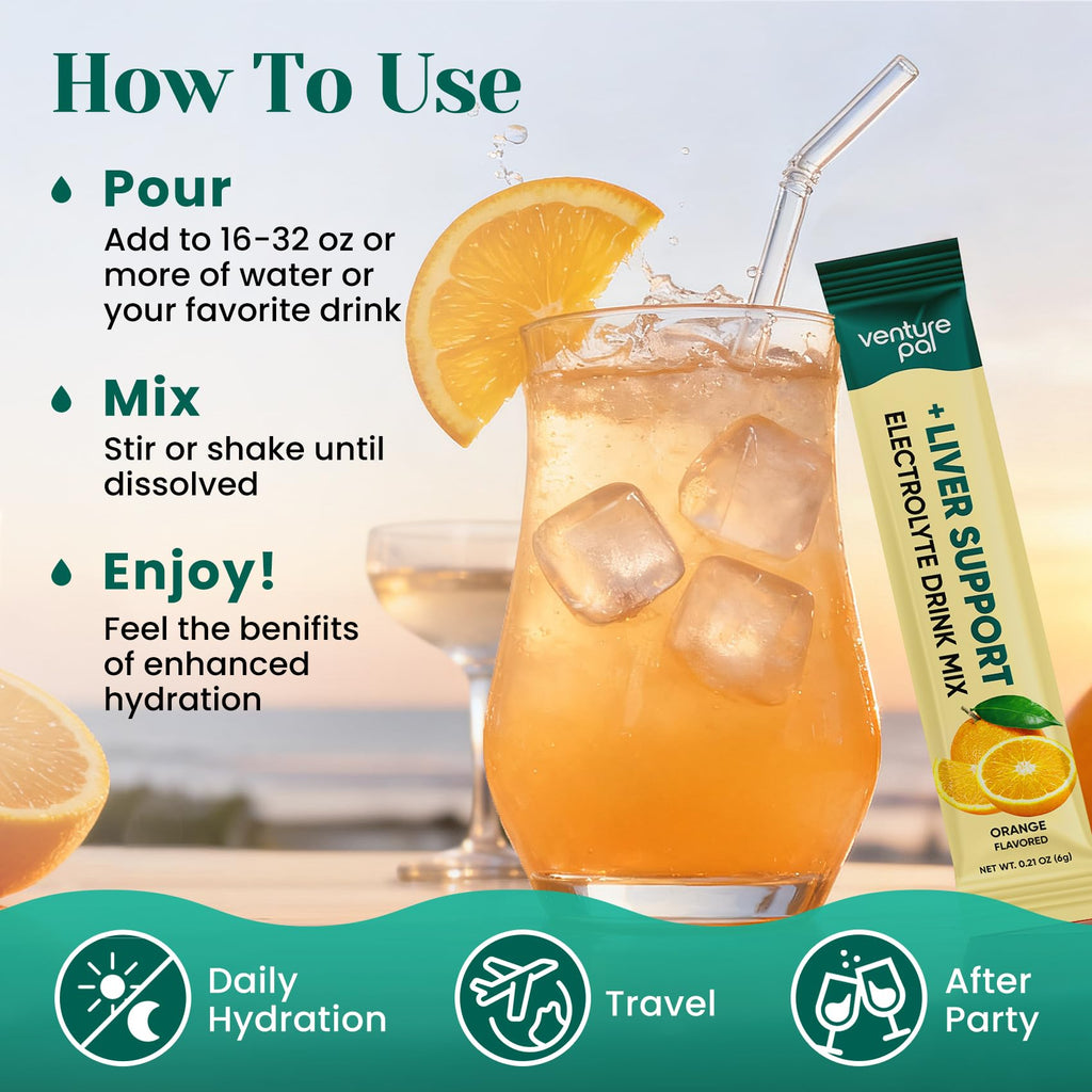 Venture Pal Hydration Packets + Liver Support- Liquid Daily IV Electrolyte Powder Packets with 7 Electrolytes & 5 Vitamins, Milk Thistle + L-Theanine | Sugar-Free