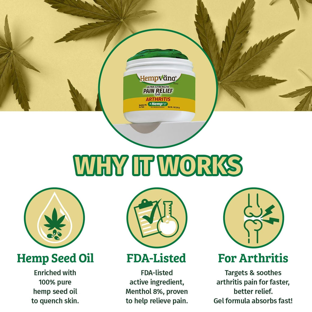 Hempvana Arthritis Pain Relief Gel, Ultra-Strength for Arthritis in Muscles & Joints. Enriched with Hemp Seed Oil, AS SEEN ON TV. Non-Greasy. Targeted Long-Lasting Relief. Works Fast, 3 Oz. Hempvana Au supplements