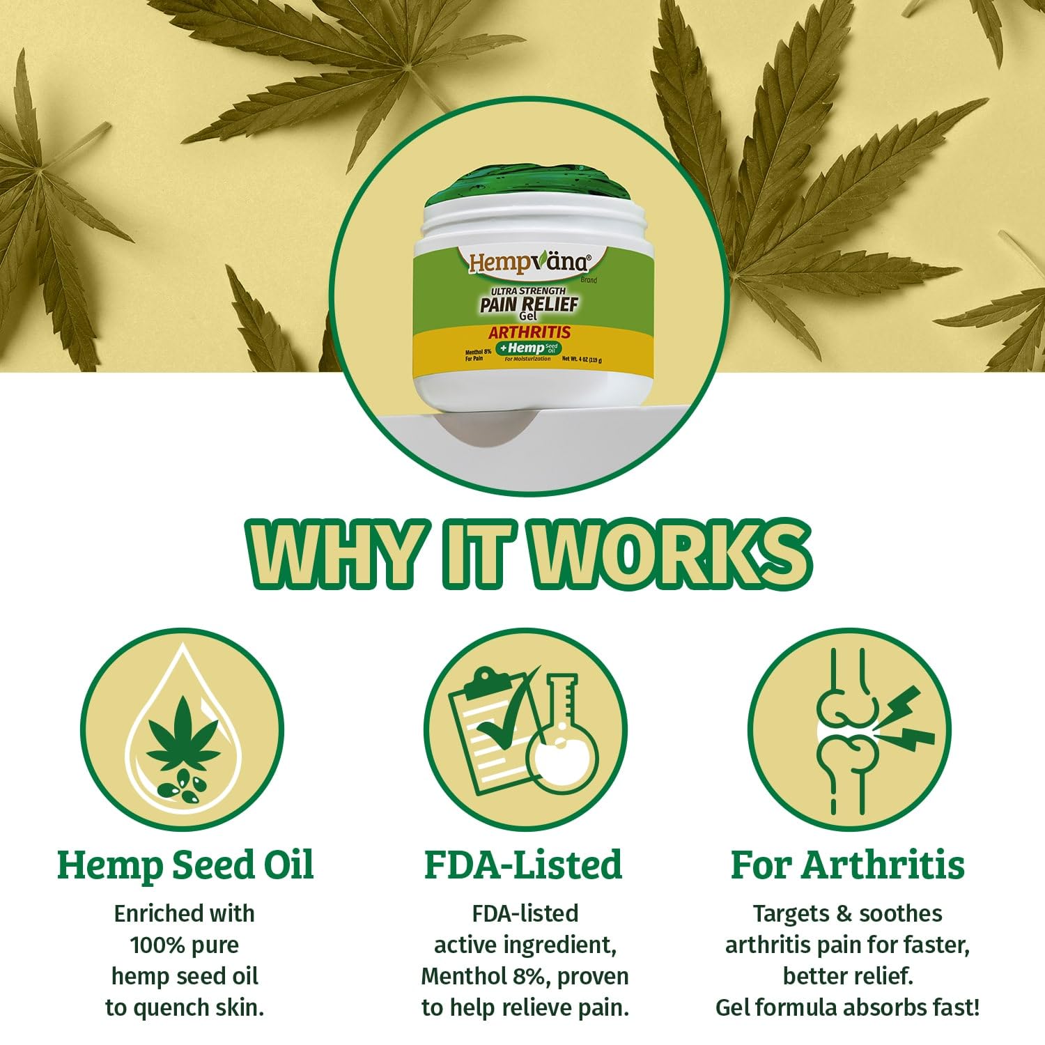 Hempvana Arthritis Pain Relief Gel, Ultra-Strength for Arthritis in Muscles & Joints. Enriched with Hemp Seed Oil, AS SEEN ON TV. Non-Greasy. Targeted Long-Lasting Relief. Works Fast, 3 Oz. Hempvana Au supplements