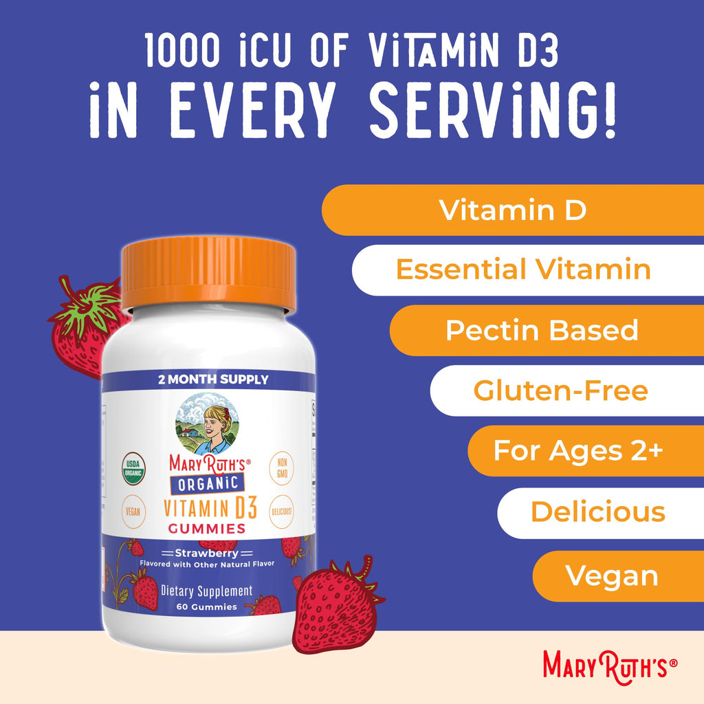 MARYRUTH'S Organic Vitamin D3 Gummies | 1000 IU | USDA Organic | Immune Support| Bone Health | Muscle Function | for Adults & Kids Ages 2+