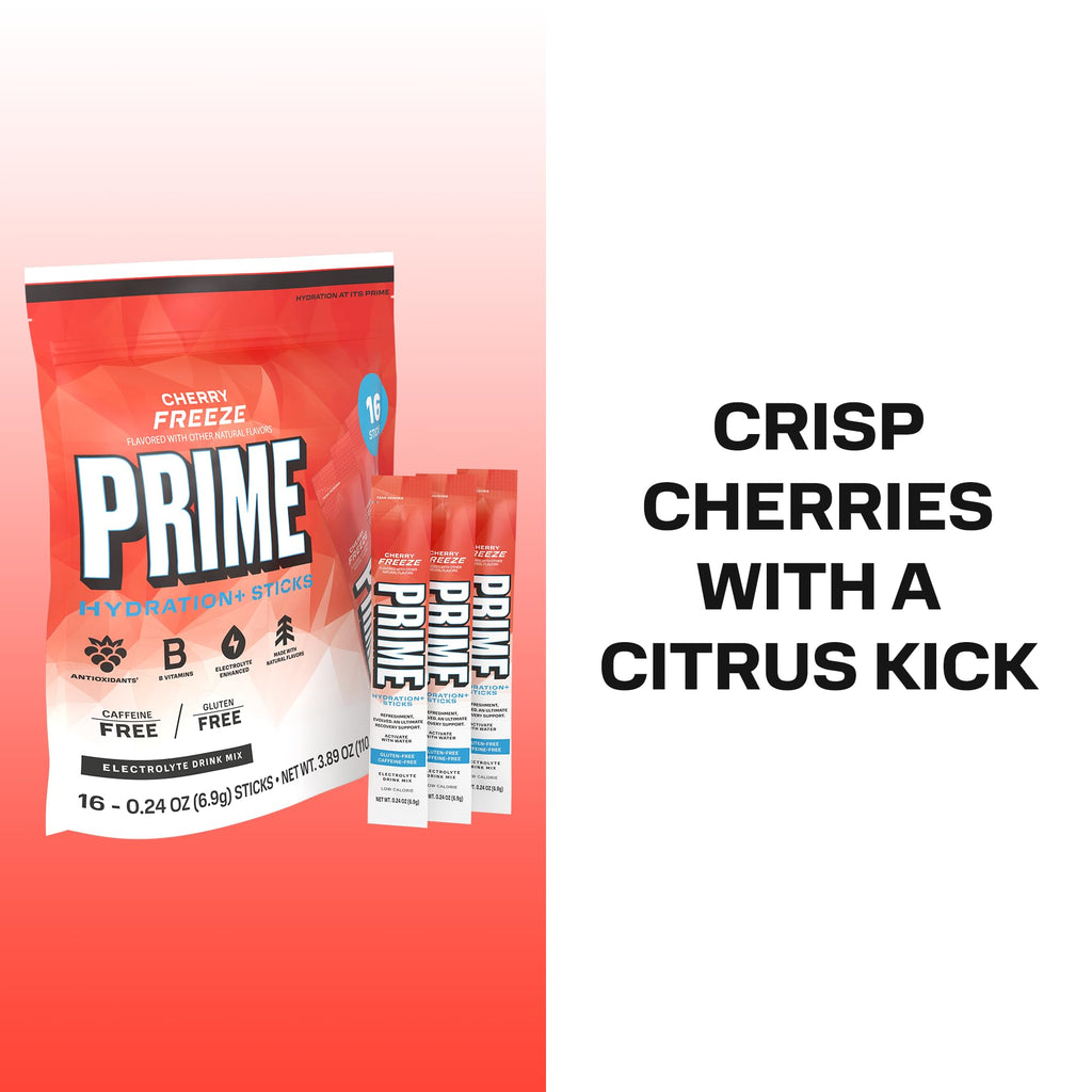 PRIME HYDRATION+ Electrolyte Powder Sticks, Cherry Freeze, Sugar Free Hydration Drink Mix with Potassium, Magnesium & B Vitamins