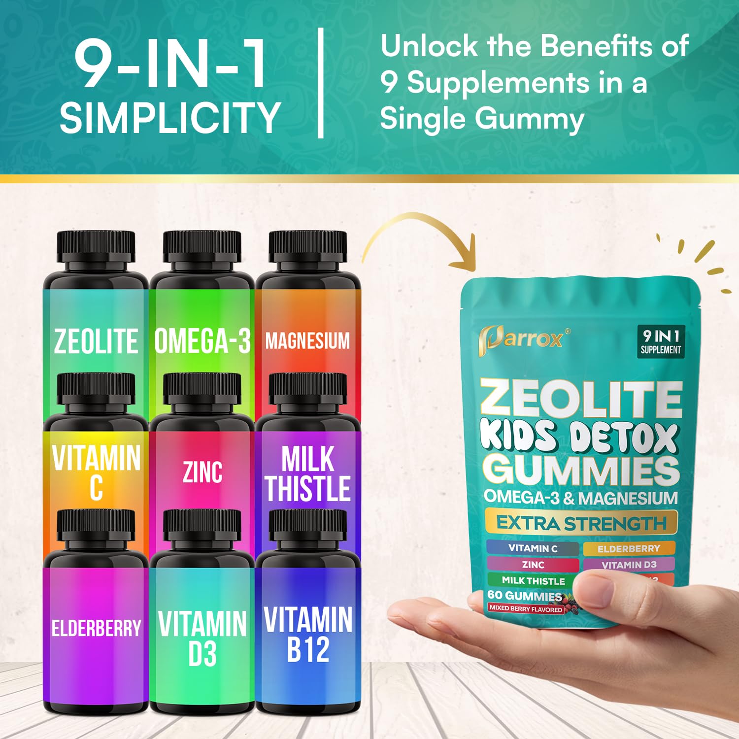 Parrox Zeolite Kids Gummies, 9-in-1 with Zeolite, Omega-3, Magnesium, Elderberry, Vitamin C, Milk Thistle, Vitamin D3, Zinc, B12 – Sugar-Free