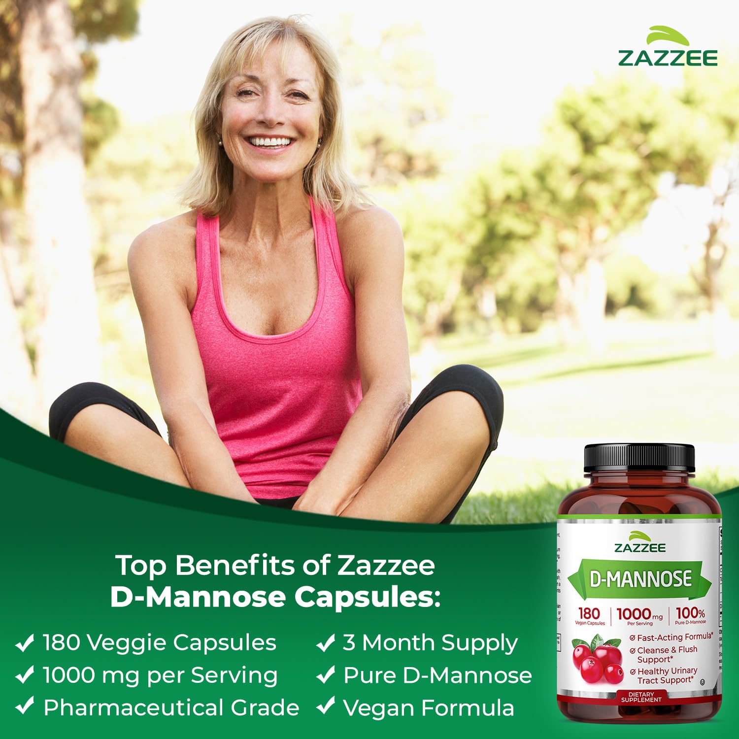 Zazzee D-Mannose, 1000 mg per Serving, 180 Vegan Capsules, 3 Month Supply, Potent & Fast-Acting, Certified Kosher, 100% Pure, All-Natural Urinary Tract Health Support