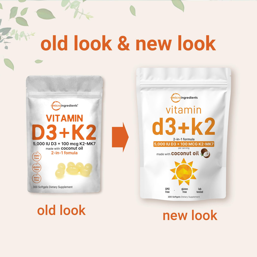 Micro Ingredients Vitamin D3 5,000 IU + K2 MK-7 100 mcg, 300 Softgels | Virgin Coconut Oil | 2-in-1 Support