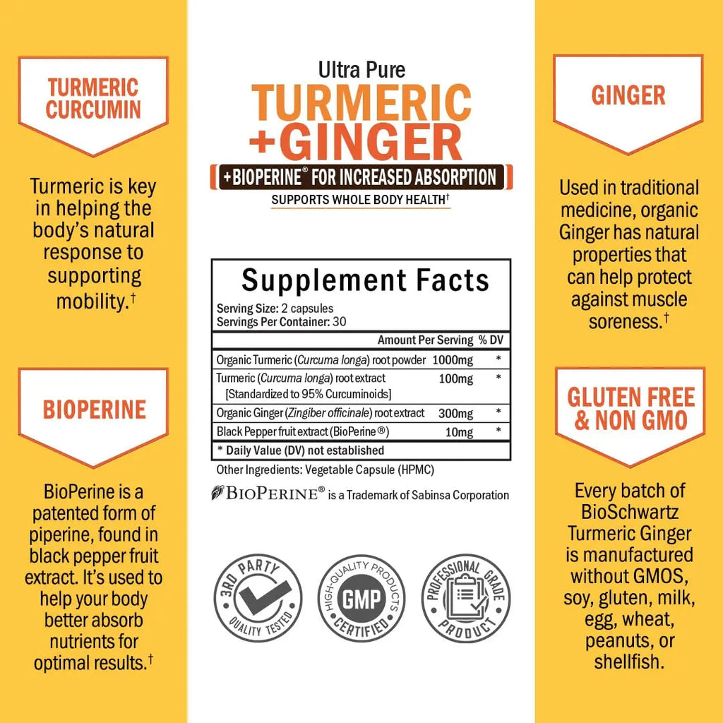 Organic Turmeric Curcumin and Ginger - 95% Standardized Curcuminoids with BioPerine BioSchwartz Au supplements