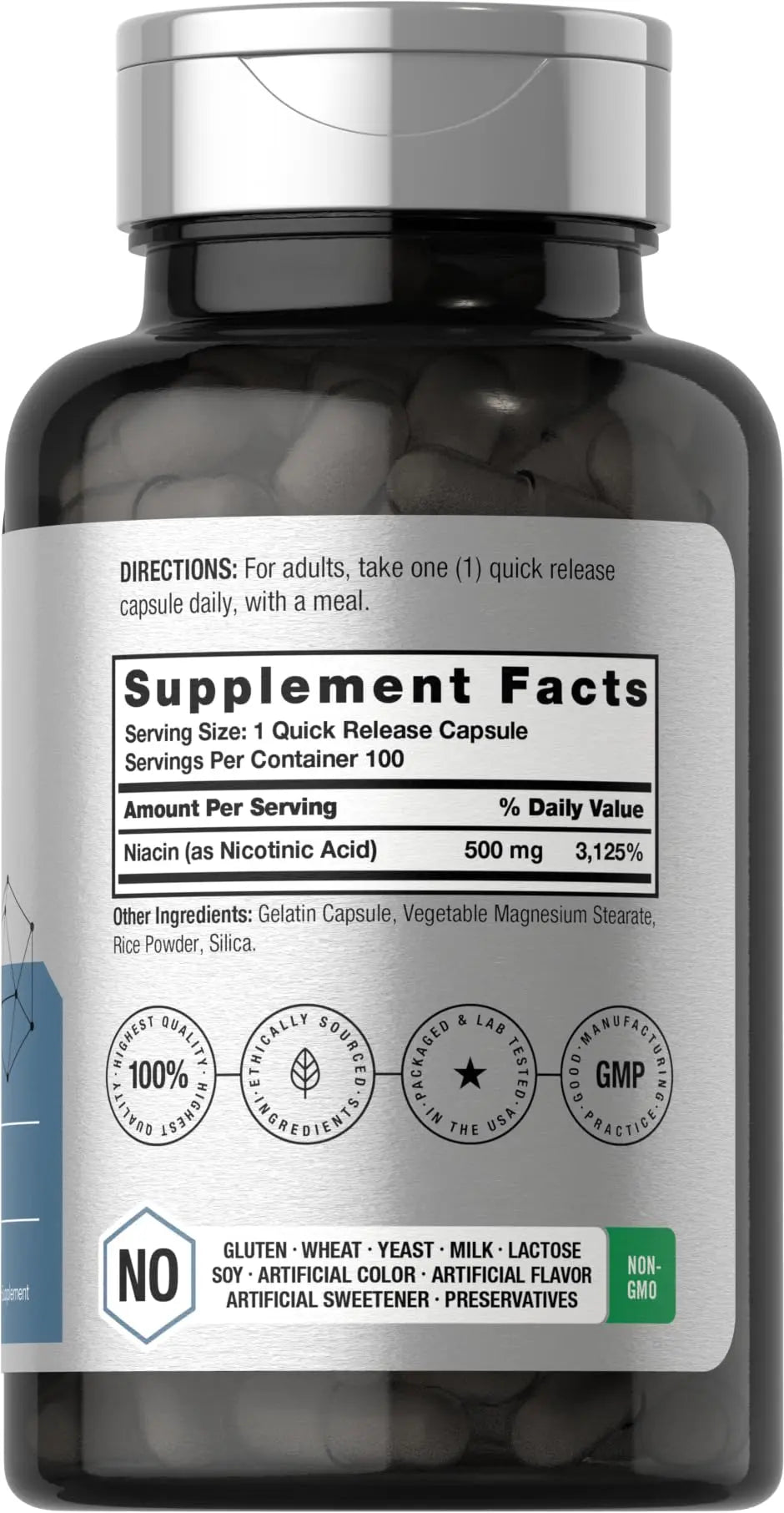 Niacin | Vitamin B3 500mg | 100 Capsules | with Flushing | Non-GMO, and Gluten Free Horbäach Au supplements