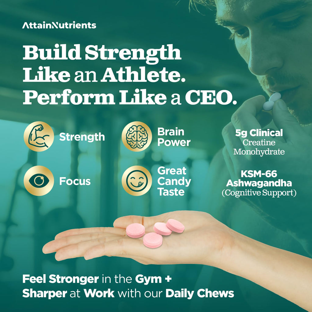 Creatine Chews - 5000mg Creatine Monohydrate Tablets for Men & Women with Ashwagandha KSM-66 - Low Sugar Muscle Support & Cognitive Boost - Gummy Alternative - 120 Count (Strawberry Lemonade) Attain Nutrients Au supplements