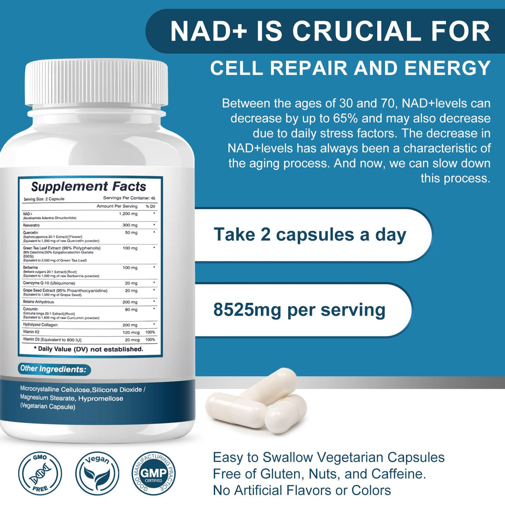 ETOVO NAD+ Supplement, 8525 mg Liposomal NAD Resveratrol Supplement for Women and Men with Coptisine Quercetin Curcumin Supports Cellular Health, Energy & Healthy Anti-Aging 180 Counts ETOVO Au supplements