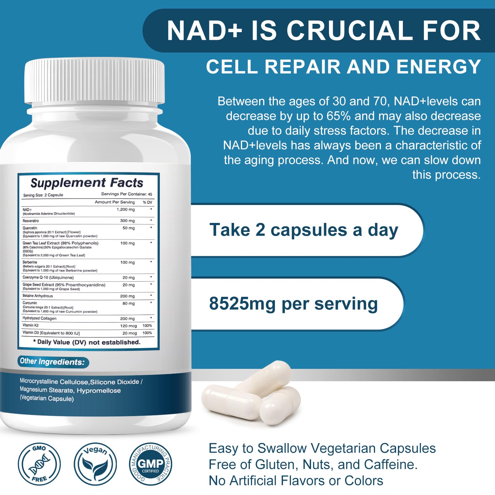 ETOVO NAD+ Supplement, 8525 mg Liposomal NAD Resveratrol Supplement for Women and Men with Coptisine Quercetin Curcumin Supports Cellular Health, Energy & Healthy Anti-Aging 180 Counts ETOVO Au supplements