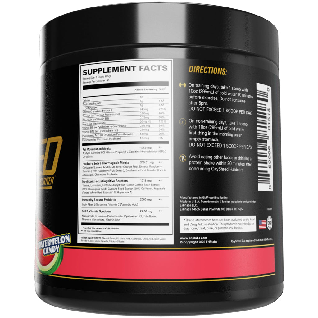 EHP Labs OxyShred Hardcore Super Dosed Pre Workout Powder - Preworkout Powder with L Glutamine & Acetyl L Carnitine, Energy Boost Drink - 275mg of Caffeine