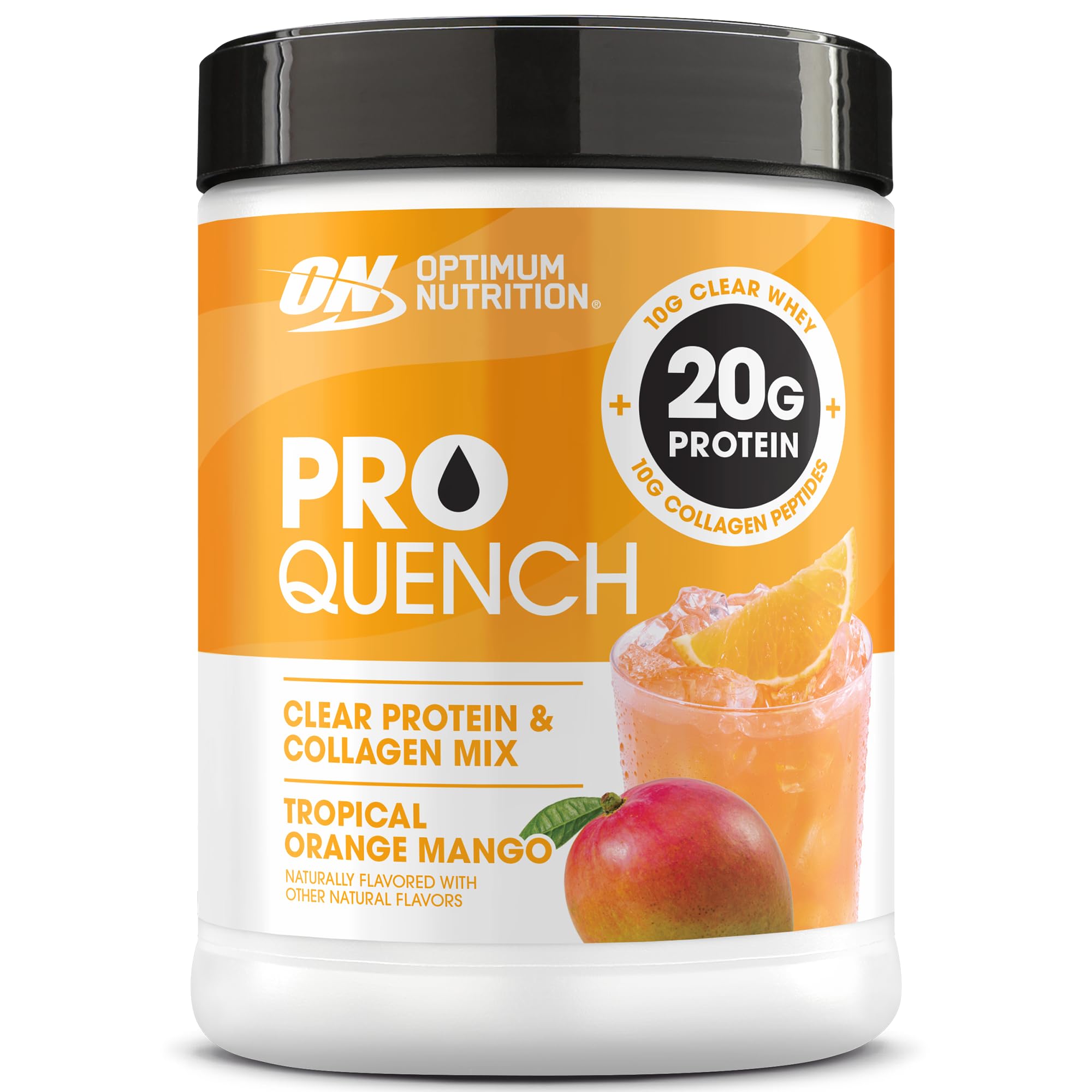 Optimum Nutrition Pro Quench, 10g Clear Protein, 10g Collagen peptides & Electrolyte Powder Drink Mix, Tropical Orange Mango, 20 Servings,