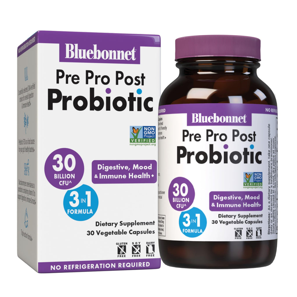 BlueBonnet Nutrition Pre Pro Post Probiotic 30 Billion CFU^ Shelf Stable – for Women & Men Digestion, Gut, Mood, Immune* - Free of Dairy, Gluten & Soy - Non-GMO - 30 Vegetable Capsules, 30 Servings BlueBonnet Au supplements