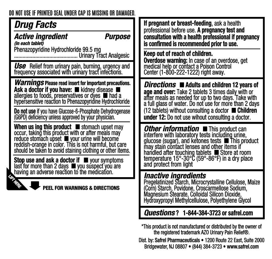 Safrel Urinary Pain Relief | UTI Relief | Fast Acting | Bladder Discomfort & Pain Relief | Phenazopyridine Hydrochloride 99.5mg (28 Count) Safrel Au supplements