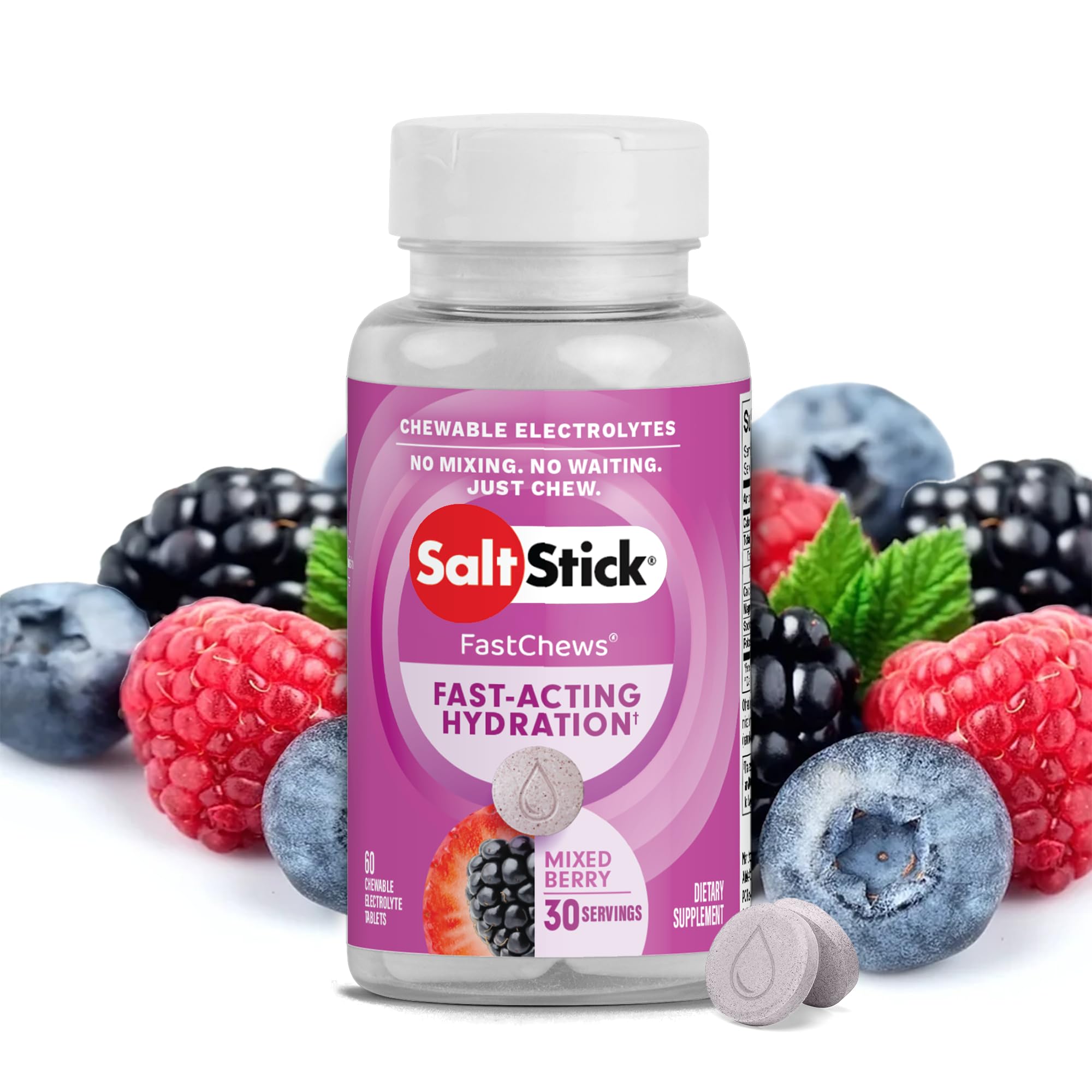 SaltStick Electrolyte FastChews - 60 Mixed Berry Chewable Tablets - Salt Tablets for Running and Hydration, Electrolyte Chews - 60 Count Bottle