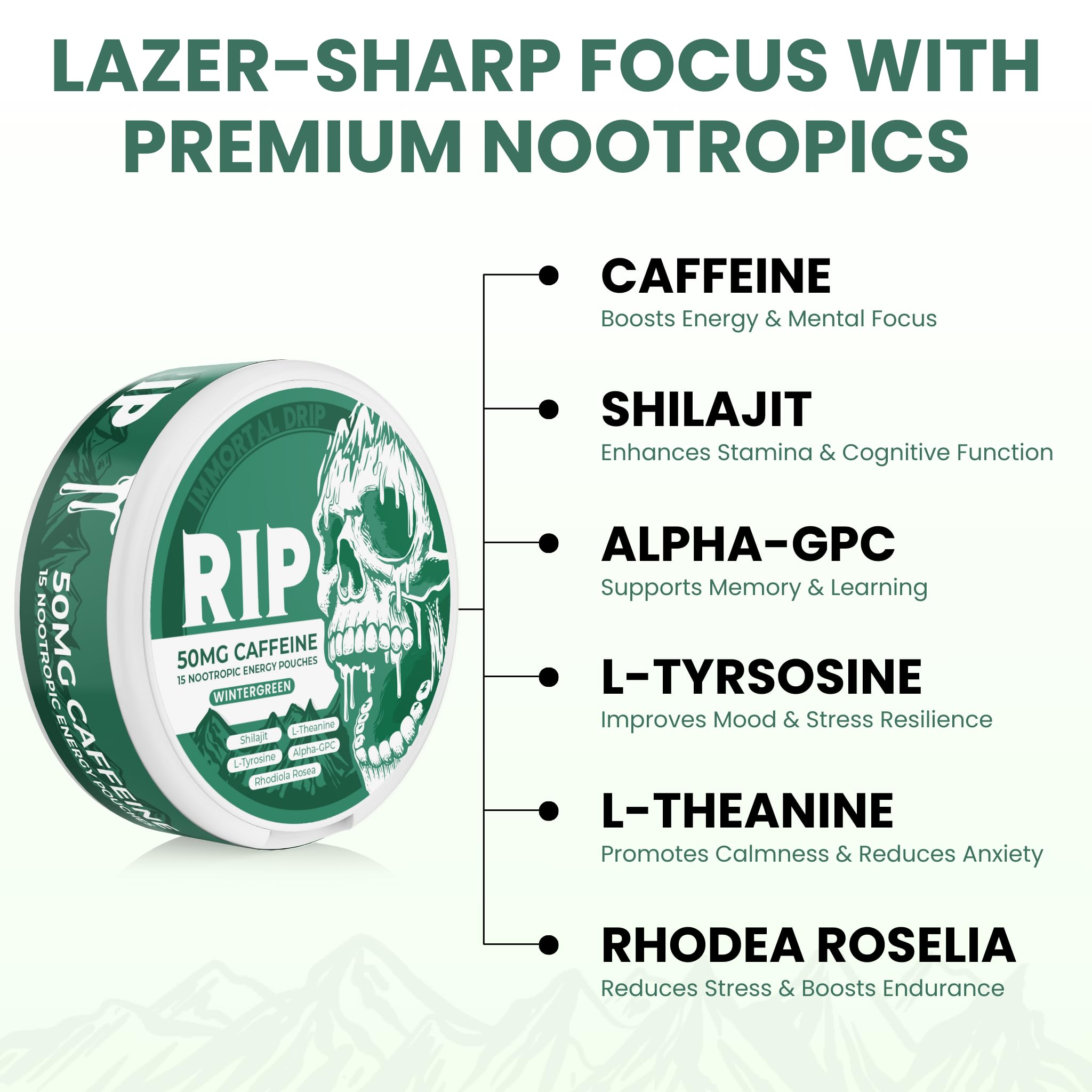 Immortal Drip RIP Nootropic Energy Pouches (Wintergreen) – 5 Cans – 15 Pouches per Can – Clean Energy & Focus Support – 50mg Caffeine, Shilajit, Alpha-GPC, L-Tyrosine, Rhodiola Immortal Drip Au supplements