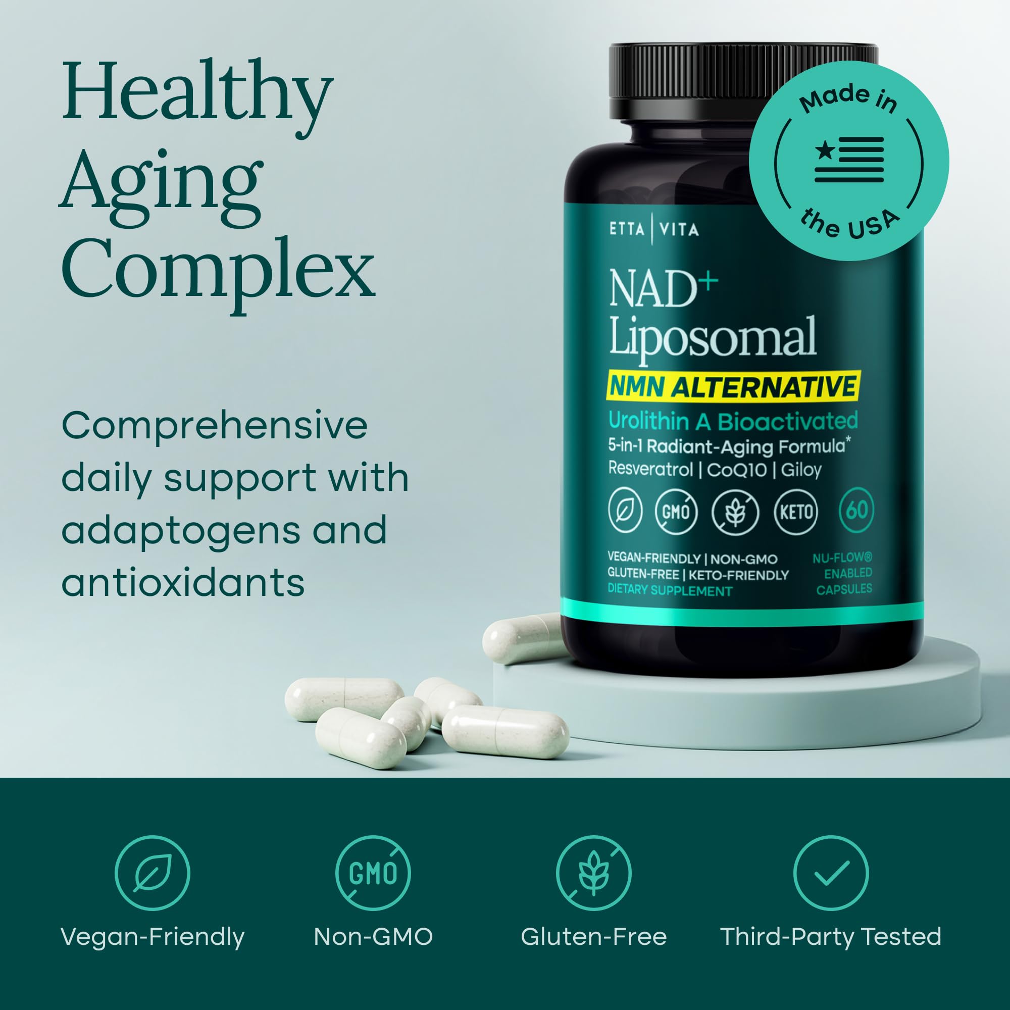 Liposomal NAD+ Supplement - Resveratrol, Urolithin A, CoQ10 & Muira Puama (Made in USA) NAD Supplement for Natural Energy, Brain Fog, Digestion, Detox, Gut Health, Microbiome, NR NMN Replacement Etta Vita Au supplements
