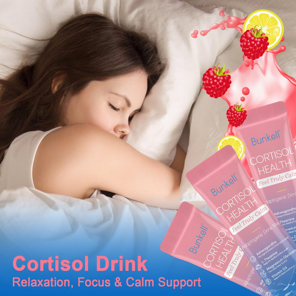 Bunkell Cortisol Powdered Drink Mix, Made with Magnesium Glycinate, L-Theanine, Ashwagandha & Vitamin D3, Cortisol Supplements for Relaxation, Focus & Calm Support, Raspberry Lemonade Flavor, 30 Ct Bunkell Au supplements