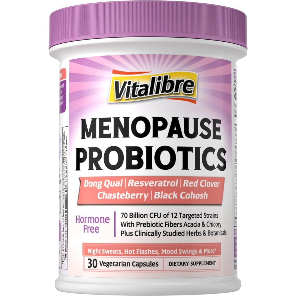 Vitalibre Menopause Probiotics for Women 70 Billion CFU, 12 Targeted Strains, Organic Prebiotics, Black Cohosh Resveratrol Red Clover Chasteberry Dong Quai, Hot Flash Night Sweat+, No Estrogen, 30 Ct Vitalibre Au supplements