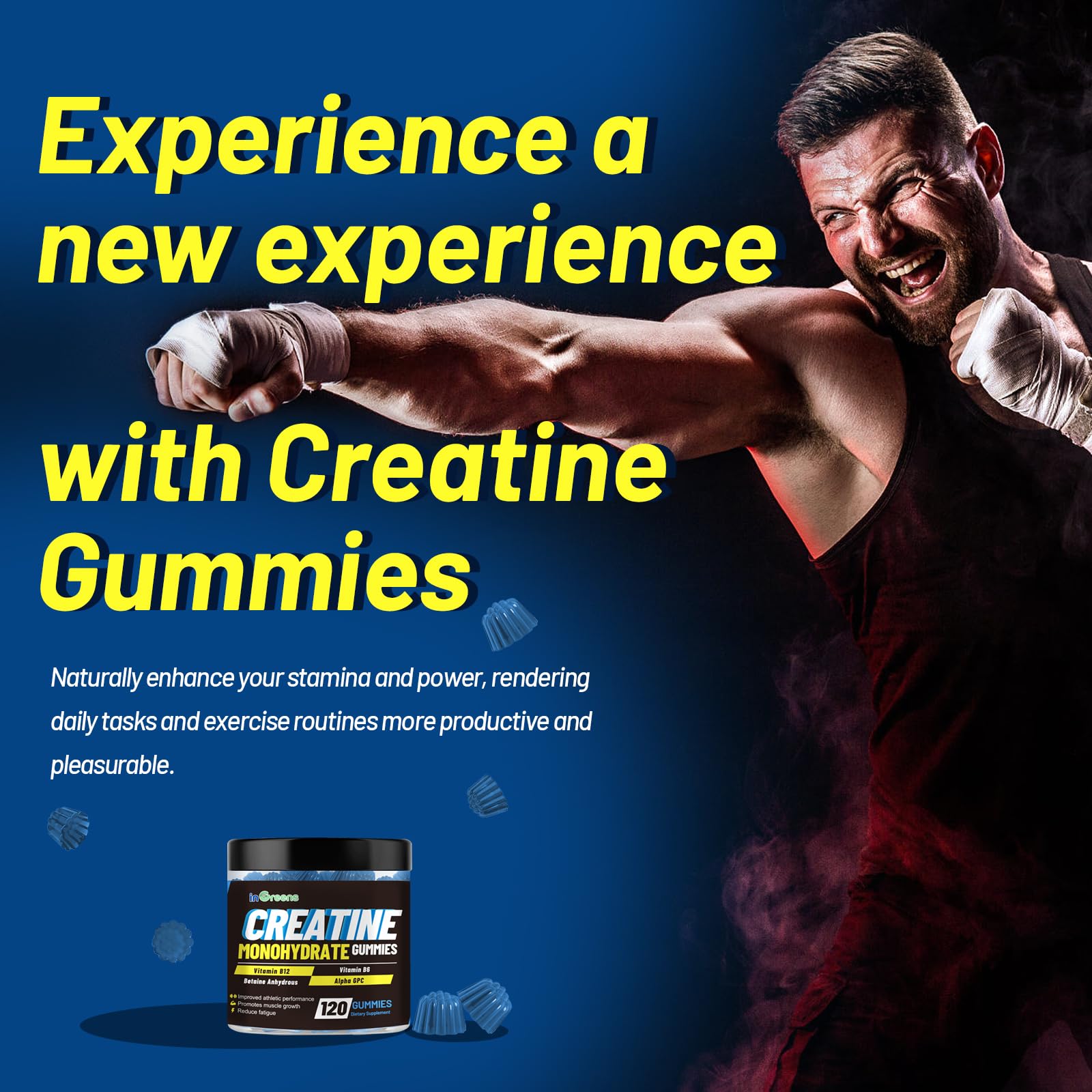 inGreens Creatine Monohydrate Gummies 6g per Serving, Sugar Free Creatine Supplements for Men & Women, Chewable Creatine for Muscle Growth, Strength, Energy
