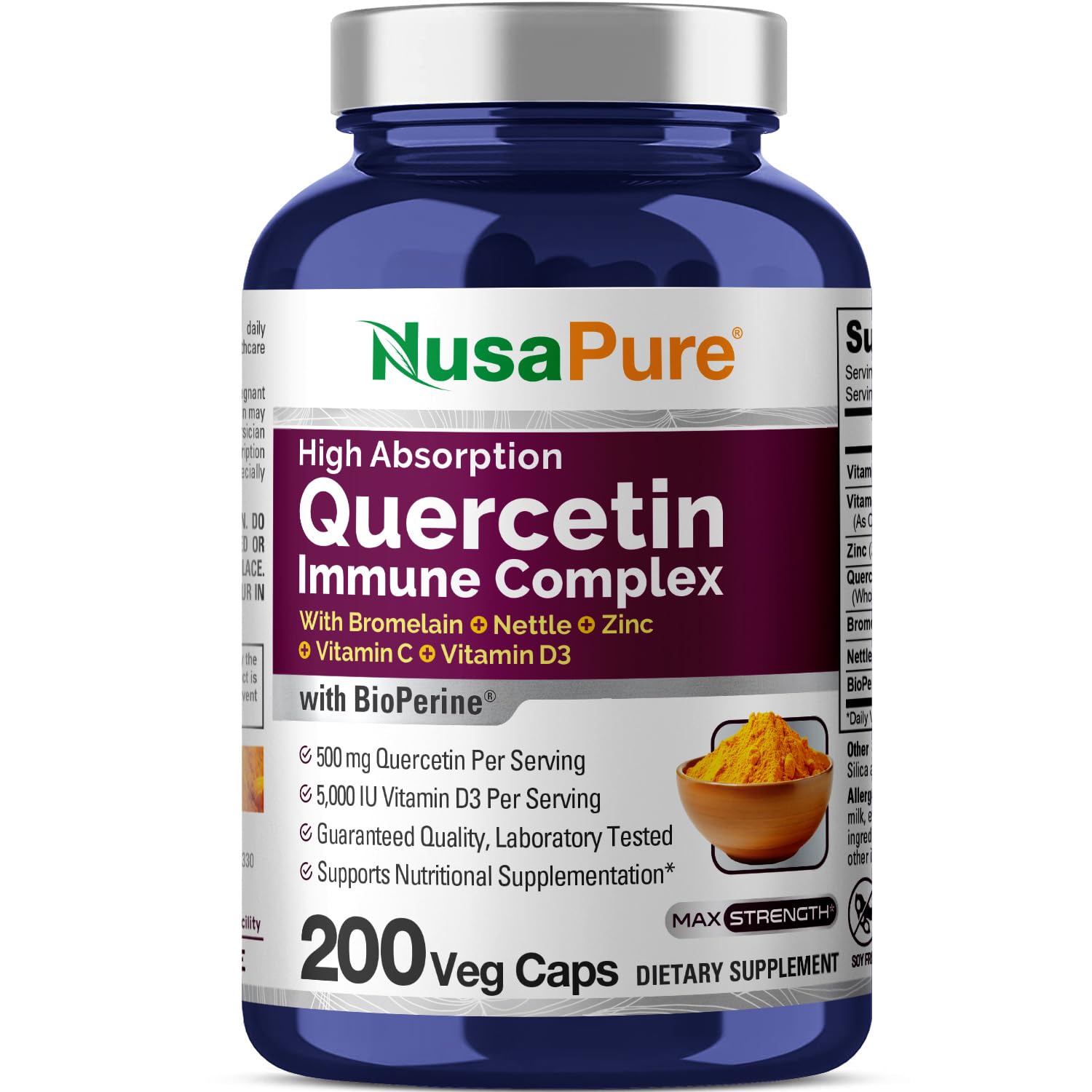 NusaPure Quercetin Complex: Bromelain, Vitamin C, Vitamin D3, Stinging Nettle, Zinc | 200 Veggie Caps (Non-GMO, Bioperine) NusaPure Au supplements