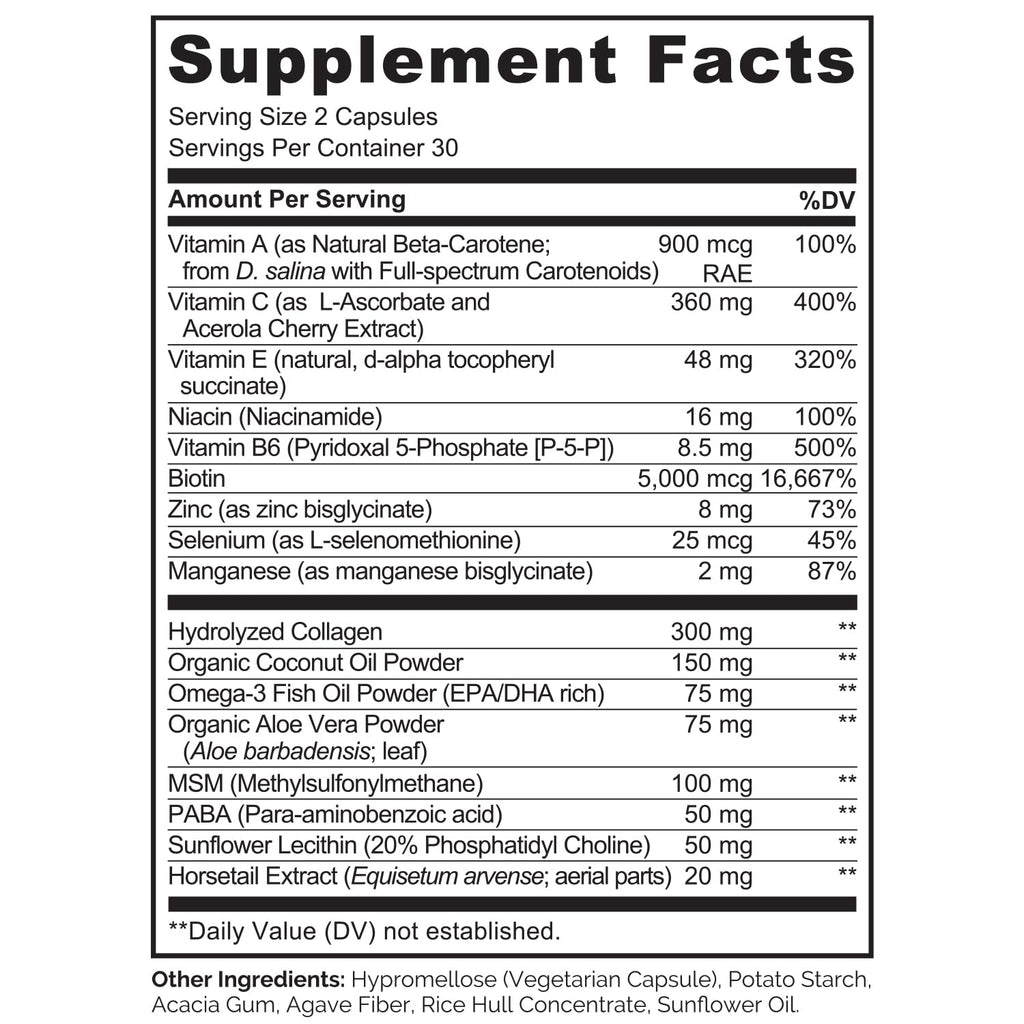 NATURELO Hair, Skin and Nails Vitamins - 5000 mcg Biotin, Collagen, Natural Vitamin E - Supplement for Healthy Skin