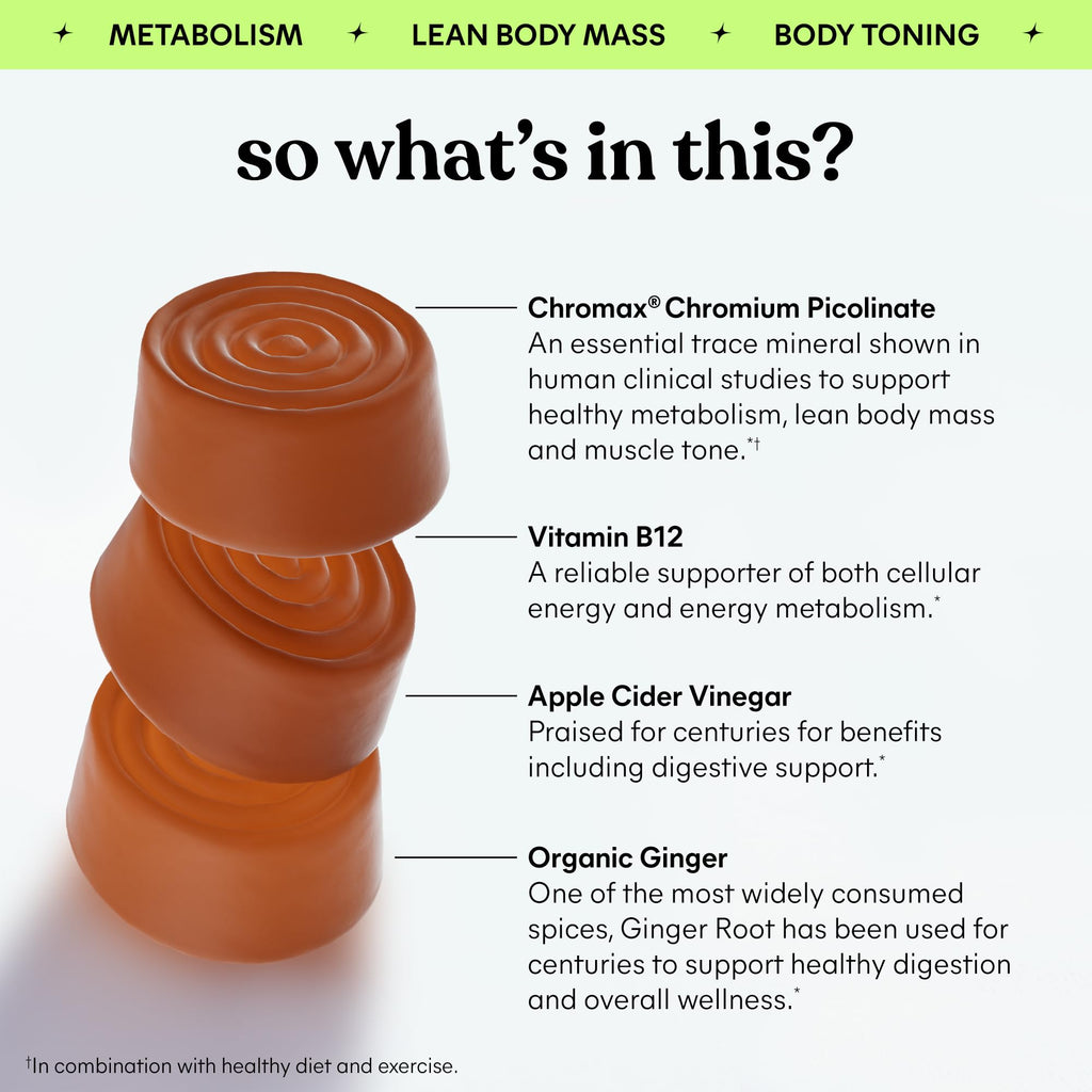 Lemme Tone Metabolism Gummies, Apple Cider Vinegar, Clinically Studied Chromium, B12, Ginger Root Extract, Promote Lean Body Mass