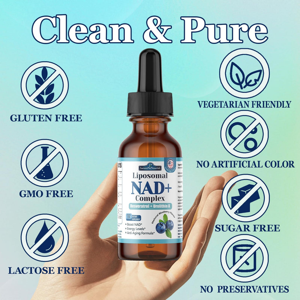 Liposomal NAD+ Liquid Drops, 8-in-1 NAD⁺ Nicotinamide Riboside Resveratrol 900mg w. Quercetin & Urolithin A | Fast Absorption NAD+ Supplement with CoQ10, ALA | Cellular Energy, Anti-Aging, Vitality AuraraNeNourish Au supplements