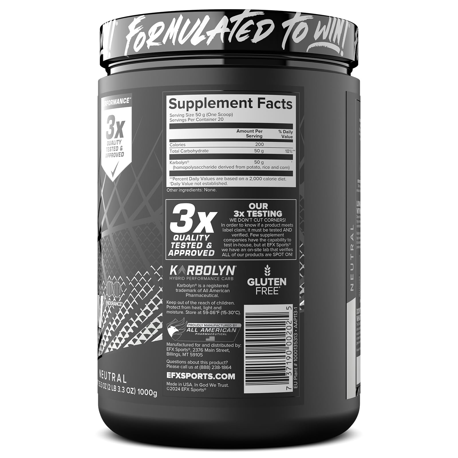 EFX Sports Karbolyn Fuel | Fast-Absorbing Carbohydrate Powder | Carb Load, Sustained Energy, Quick Recovery | Stimulant Free | 20 Servings (Neutral)