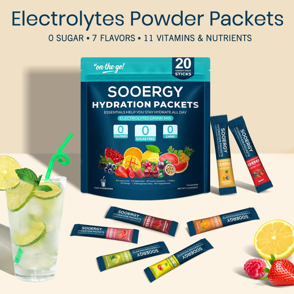 Sooergy Electrolytes Powder Packets Sugar Free Hydration Packets, 7 Flavors Liquid Daily IV Electrolyte Drink Mixes for Rehydration