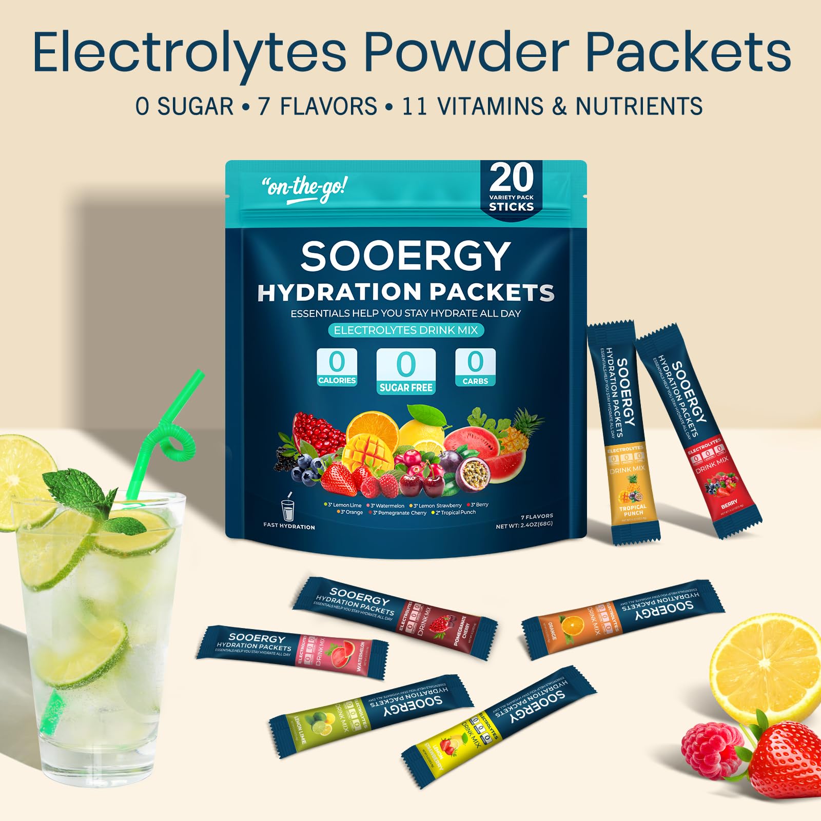 Sooergy Electrolytes Powder Packets Sugar Free Hydration Packets, 7 Flavors Liquid Daily IV Electrolyte Drink Mixes for Rehydration