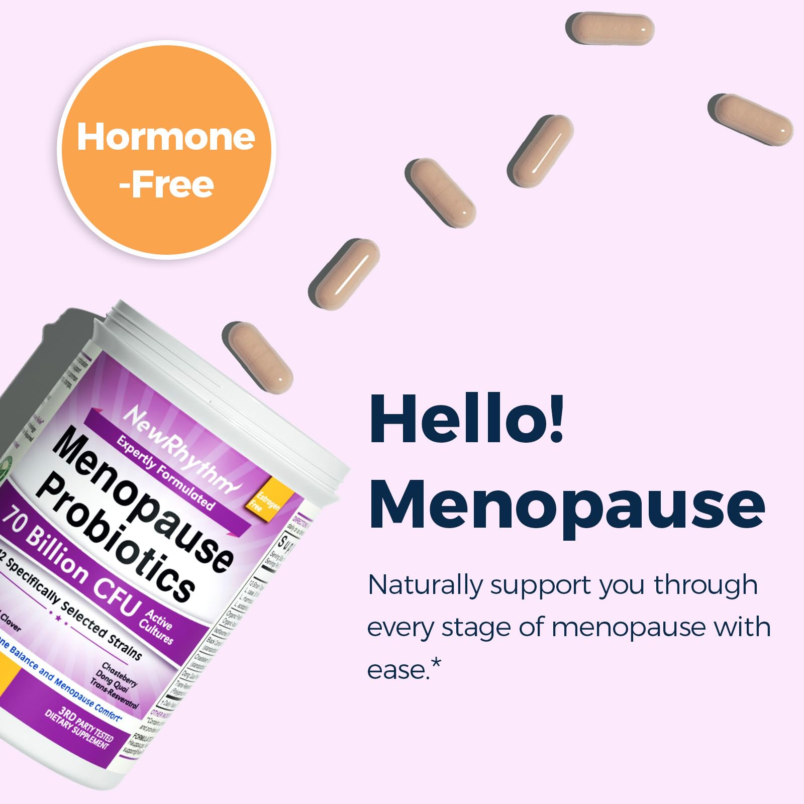 NewRhythm Menopause Probiotics for Women, 7-in-1 Relief, Prebiotics, Black Cohosh Trans-Resveratrol Chasteberry Red Clover Dong Quai, Hot Flashes Night Sweats, No Soy, No Estrogen, 30 Ct NewRhythm Au supplements