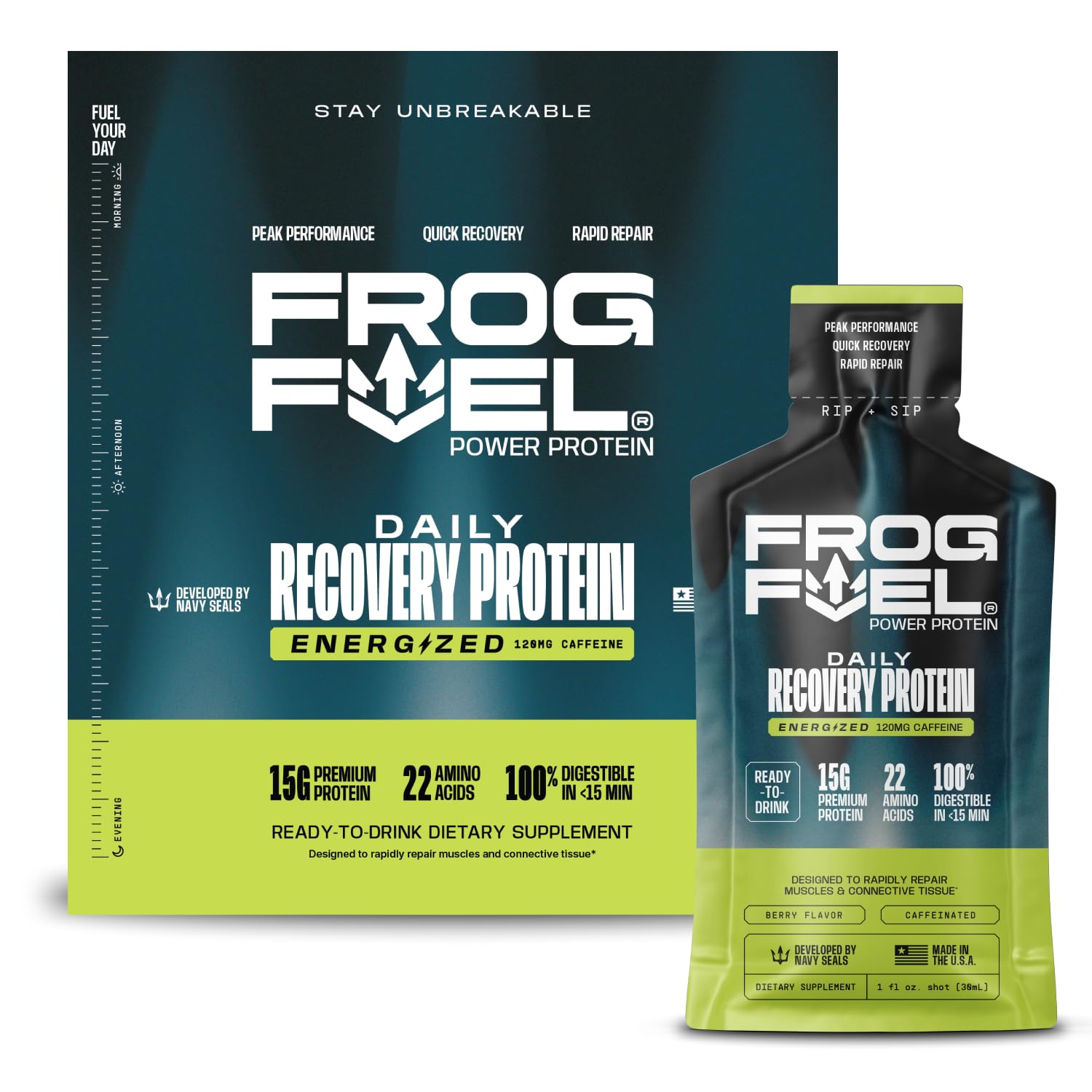 Frog Fuel Power Energized Complete Protein Shot, 15g, Nano Hydrolyzed & Grass Fed, 80mg Caffeine, Gluten Free, Fat & Sugar Free, 22 Amino Acids,