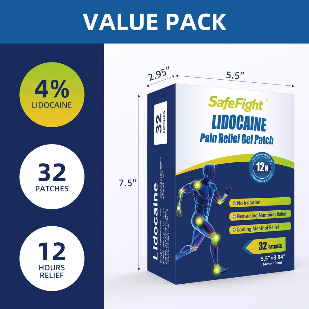 SafeFight 4% Lidocaine Pain Relief Patches 32 Count - Maximum Strength Relief for Back, Neck, Shoulder, Joint & Muscle Pain, Add Menthol, 12 Hour Long Lasting Relief Pains SafeFight Au supplements