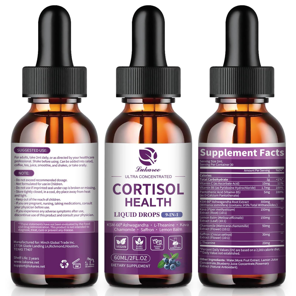 Cortisol Supplements for Women, Cortisol Reducer Manager Detox with KSM-66® Ashwagandha, Kava, Lemon Balm & Vitamin C B5 B6, Lower Cortisol, Hormone Harmony Liquid Drops, 2 FL.OZ, Blueberry Flavor Lukaree Au supplements