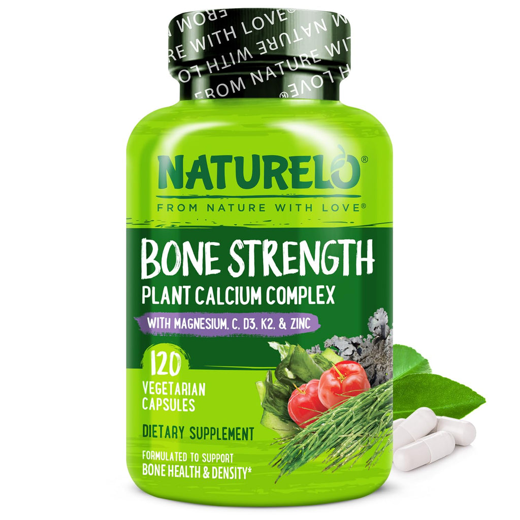 NATURELO Calcium Supplement - with Vitamin C, Vitamin D3, K2, and Calcium Magnesium Zinc for Bone Strength with Calcium 600mg - Plant-Based, 120 Vegetarian Capsules
