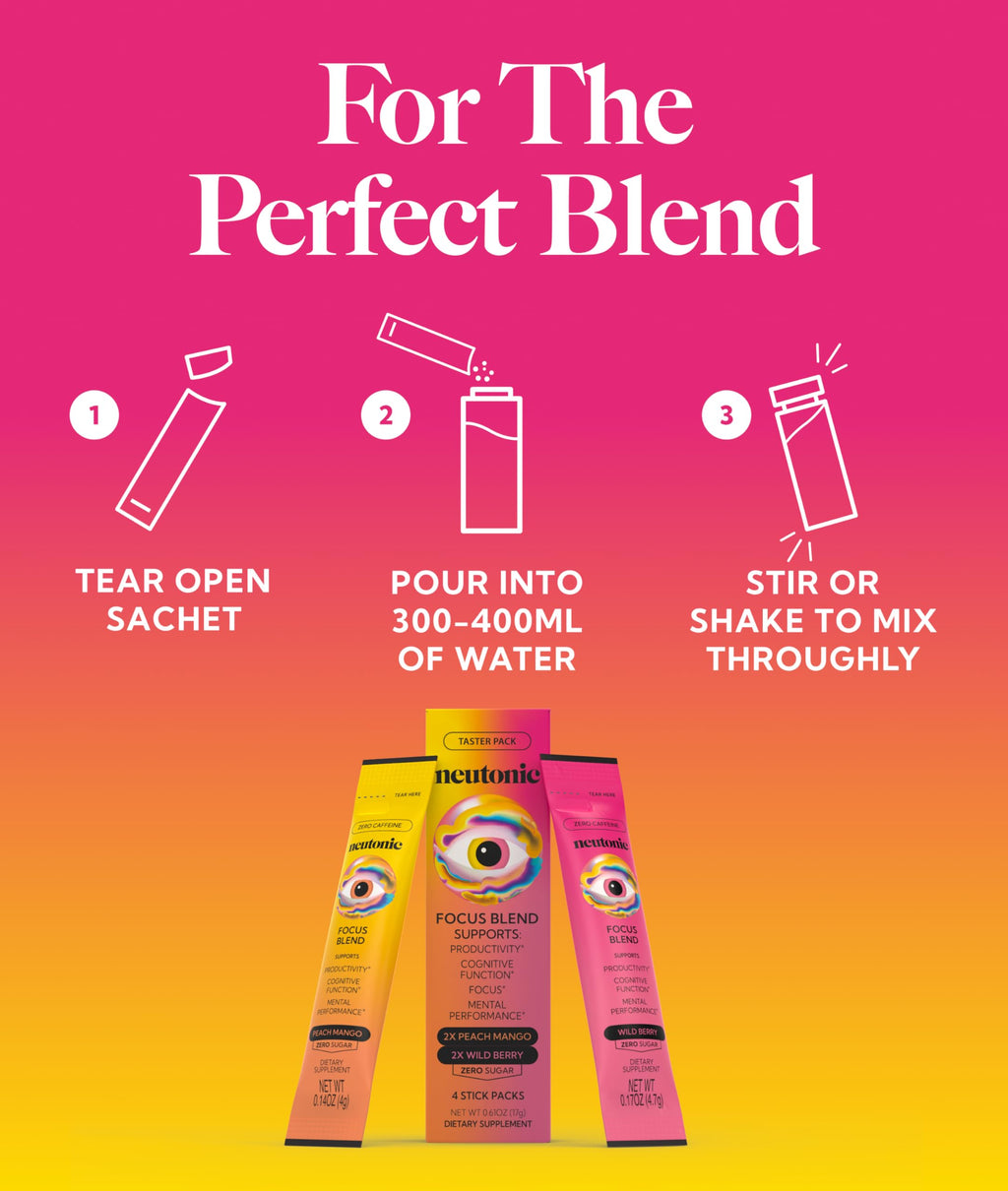 Neutonic Nootropic Focus Blend Powder | Peach Mango & Wild Berry 4 Sticks | Caffeine Free, Zero Sugar | Support Memory, Mental Clarity, Cognitive Function | Boost Focus, Energy, Brain Health Neutonic Au supplements