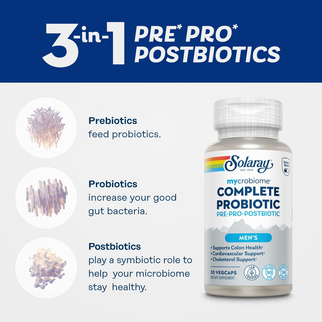 SOLARAY Mycrobiome Complete Probiotic Men's Formula - Pre and Probiotics for Men Plus Postbiotic - Digestive Health and Immune Support - 50 Billion CFU, 26 Strains - Vegan - 30 Servings, 30 VegCaps SOLARAY Au supplements