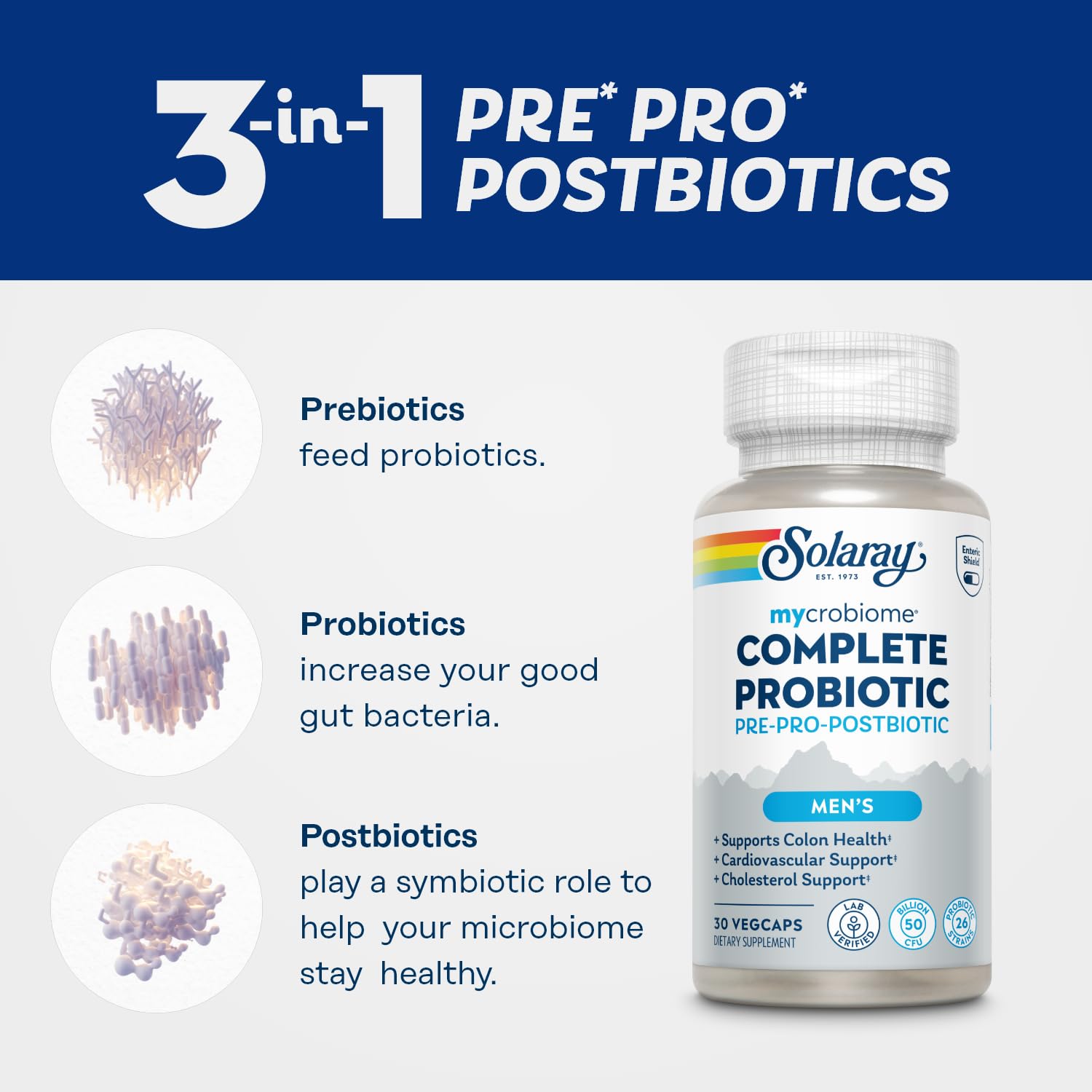 SOLARAY Mycrobiome Complete Probiotic Men's Formula - Pre and Probiotics for Men Plus Postbiotic - Digestive Health and Immune Support - 50 Billion CFU, 26 Strains - Vegan - 30 Servings, 30 VegCaps SOLARAY Au supplements