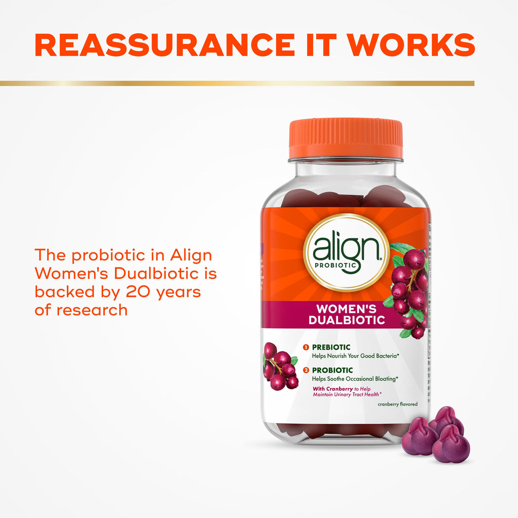 Align Probiotic, Women's Dualbiotic, Womens Probiotic Gummies, Prebiotics and Probiotics for Women, with Cranberry for Urinary Tract Health*, Cranberry Flavor, 90 Gummies Align Au supplements