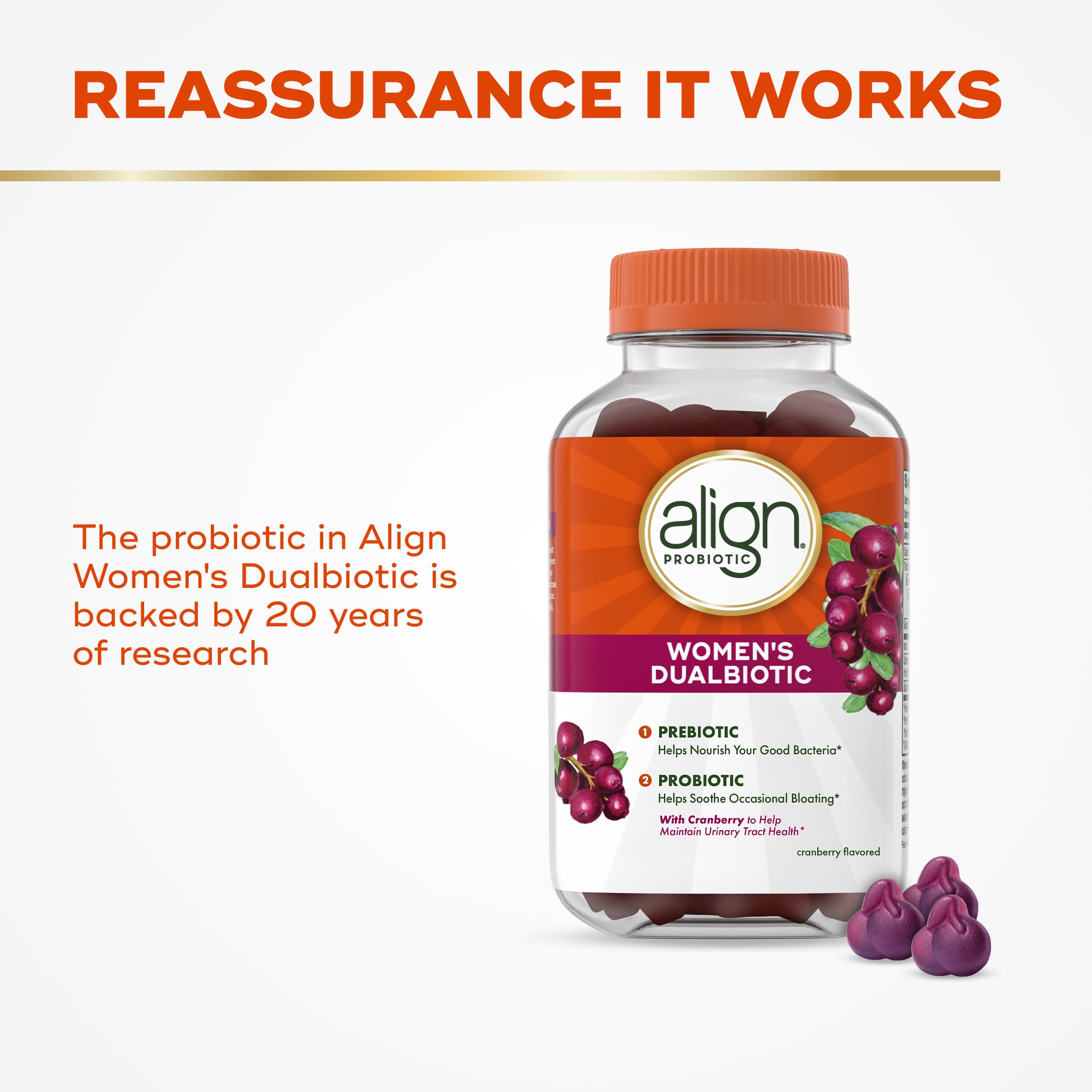 Align Probiotic, Women's Dualbiotic, Womens Probiotic Gummies, Prebiotics and Probiotics for Women, with Cranberry for Urinary Tract Health*, Cranberry Flavor, 90 Gummies Align Au supplements