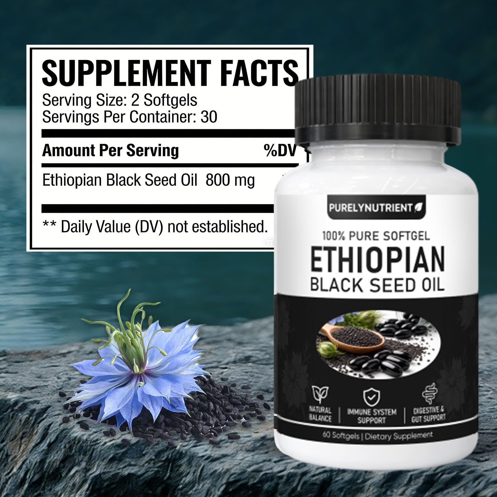 TUVAAZ PURELYNUTRIENT Ethiopian Black Seed Oil Capsules with 4.64% Thymoquinone, Immune Support & Digestion & Energy Booster