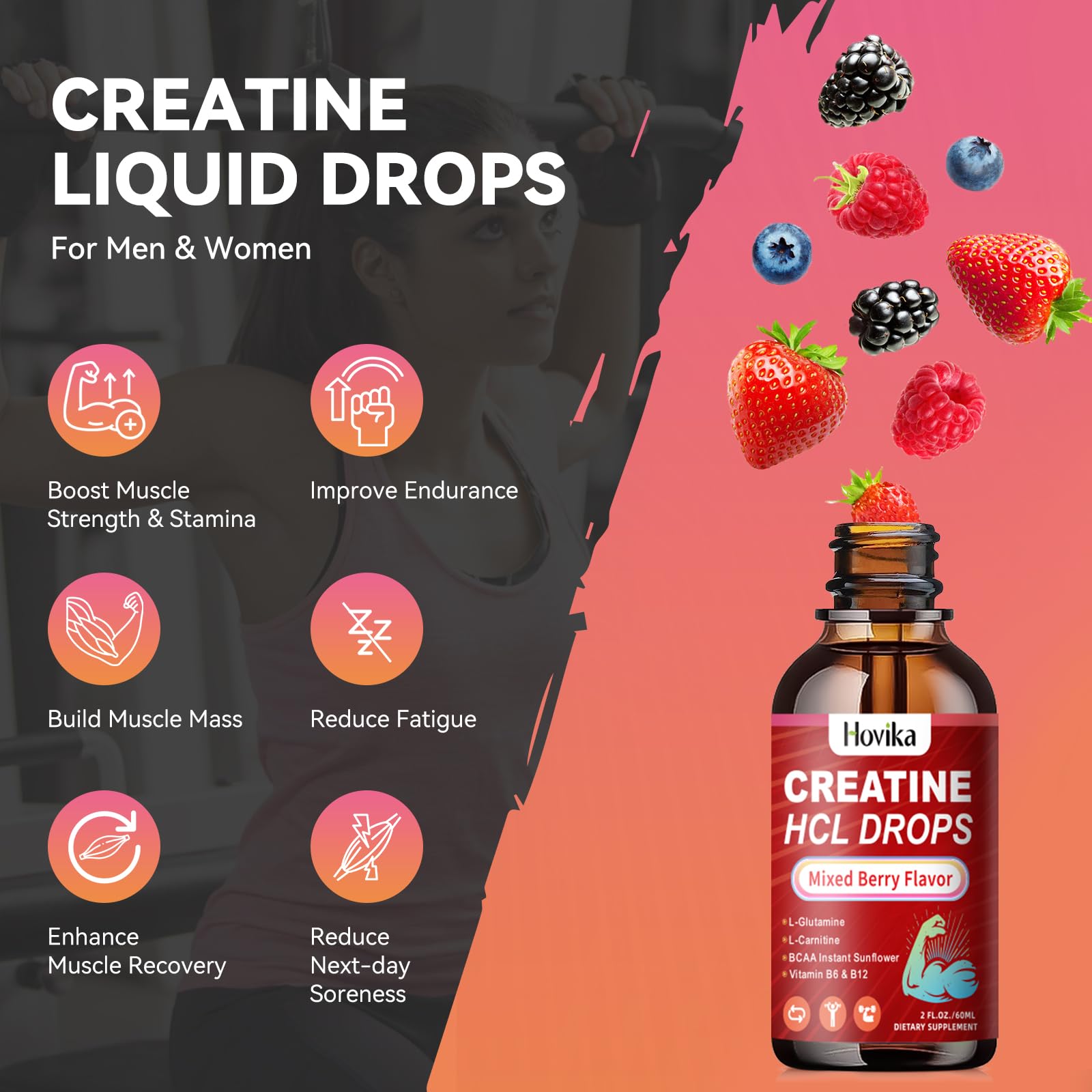Creatine HCL Liquid Drops for Men & Women, Creatine Hydrochloride with L-Carnitine, L-Glutamine, BCAA, Vitamin B12 & B6 for Muscle Growth & Recovery-Vegan, Mixed Berry Flavor Flavor, 2 Fl Oz Hovika Au supplements